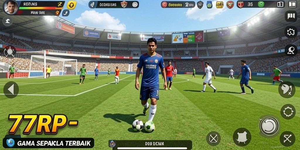Tampilan gameplay seru dari 77RP dengan aksi sepak bola nyata.