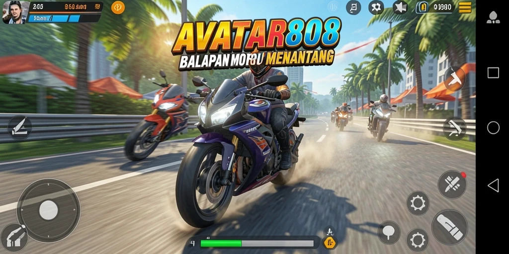 Tampilan gameplay seru dalam AVATAR808 saat balapan motor.