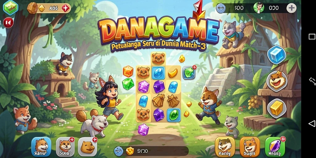 Screenshot menunjukkan gameplay seru dalam DANAGAME dengan permata berwarna-warni.
