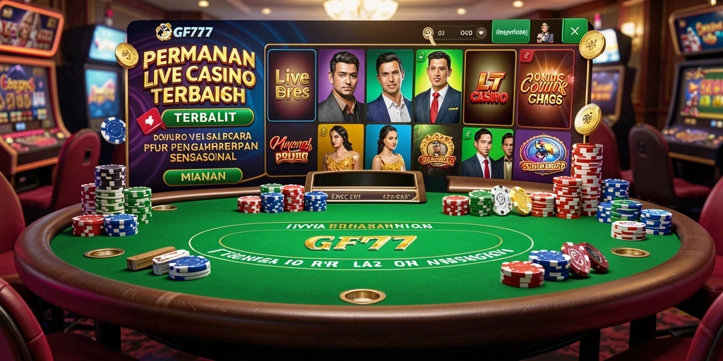Screenshot gameplay GF777 menampilkan dealer langsung dalam suasana kasino.