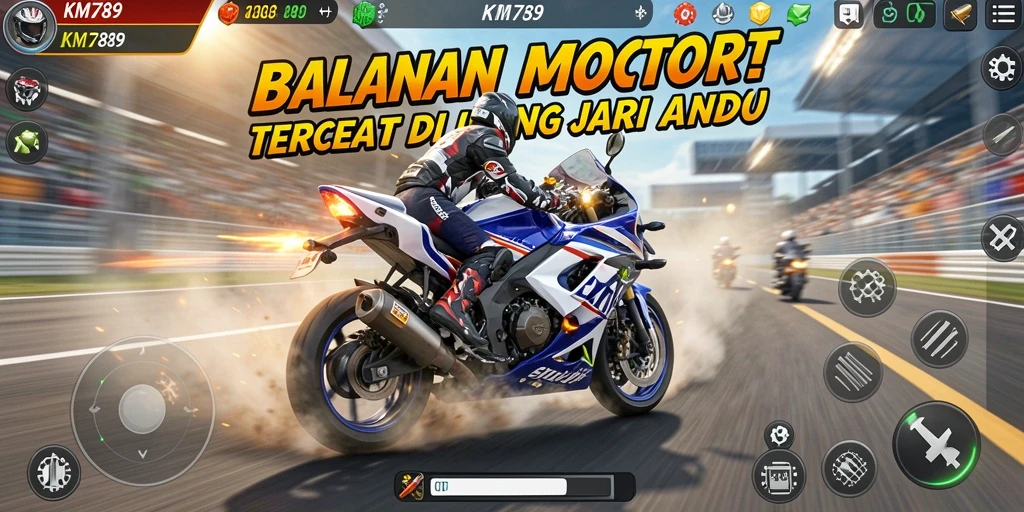 Gameplay KM789 menunjukkan balapan motor yang mendebarkan di berbagai lintasan.