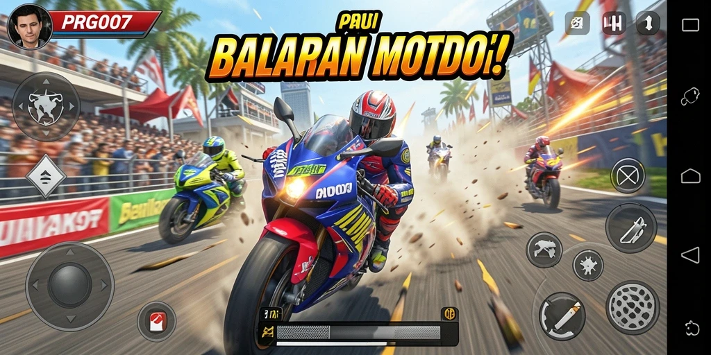Screenshot gameplay PRG007 menunjukkan aksi balapan motor yang mendebarkan.