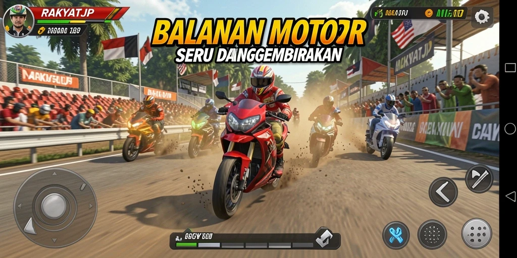 Tampilan gameplay RAKYATJP dengan balapan motor yang penuh aksi.