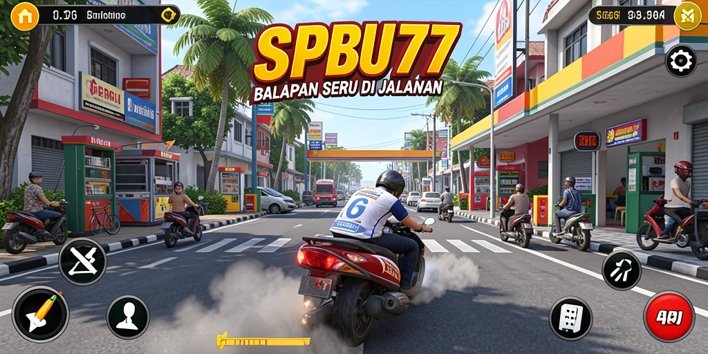 Screenshot gameplay SPBU77 menunjukkan aksi balapan mendebarkan di jalanan.
